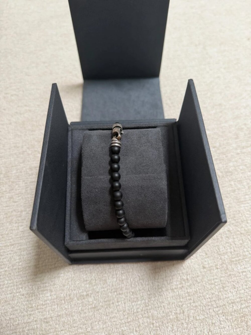 David Yurman Mens Sterling Silver Matte Black Onyx Bead Bracelet 8.5" With Box